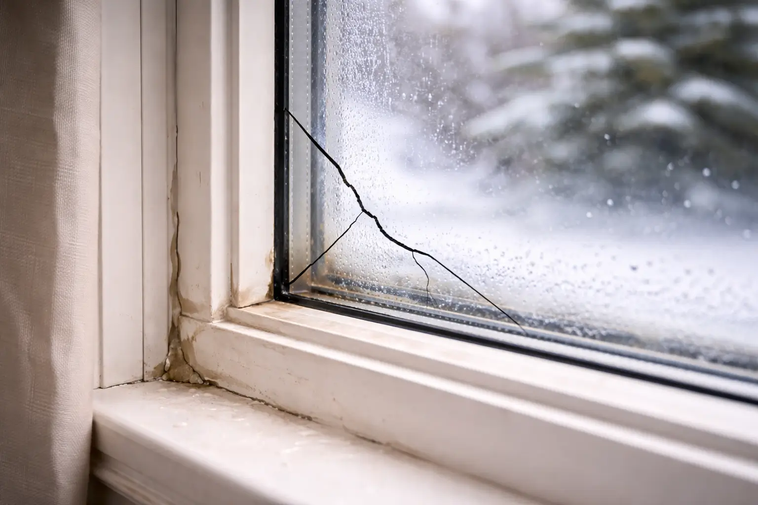 Diagonal stress crack in residential window glass near corner caused by house settling
