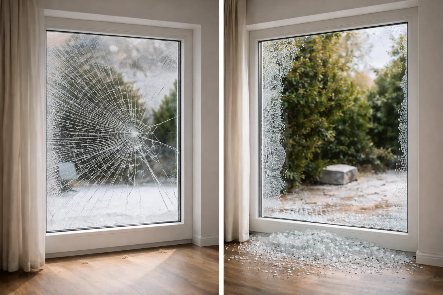 Side-by-side residential window comparison showing laminated glass cracked but intact and tempered glass fully shattered with empty frame Side-by-side residential window comparison showing laminated glass cracked but intact and tempered glass fully shattered with empty frame