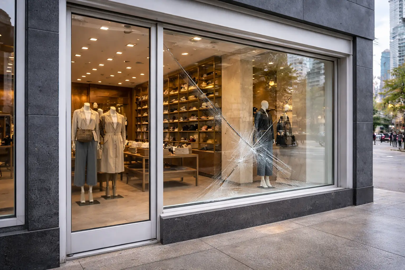 Commercial storefront with large cracked glass panel in aluminum frame in Toronto retail setting
